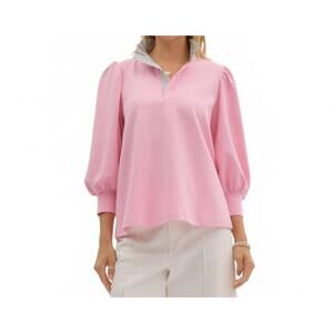 NEW ENTRO solid balloon sleeve popover top in pink